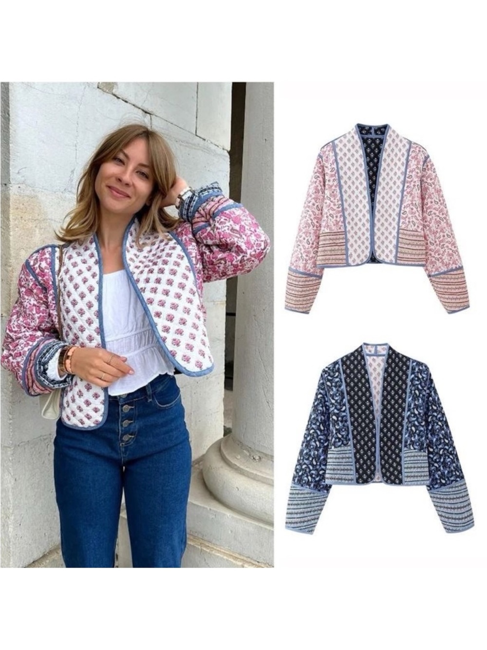 Reversible pink and blue floral quilted coat Size Large